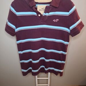 Hollister Men's Maroon and Sky Blue Striped Polo